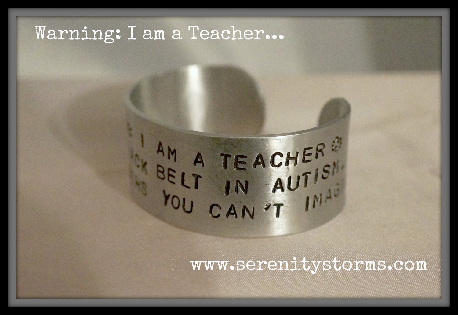 Stamped Warning Autism Teacher Black Belt Strength Custom Silver Metal Cuff Bracelet