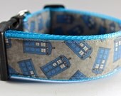 Extra wide 1.5" wide Dr. Who dog collar "Tardis" on grey background with turquoise blue webbing-- you pick size needed
