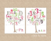 ABC and 123 Tree Prints featuring Name and Birth Date, Nursery / Kids Room Art Prints, Set of two 8 x 10