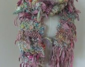 Hand Spun Art Yarn  Recycled Sari Silk  Scarf  Dusty Pink Pastels and Brights