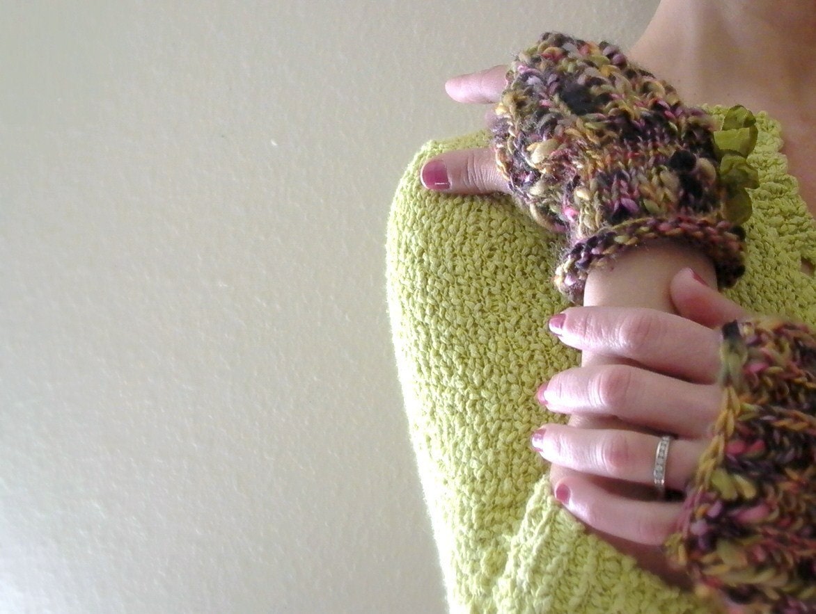snapdragon. knit wool fingerless gloves woodland fairy mittens bohemian fall winter fashion moss olive green violet golden amber rose pink
