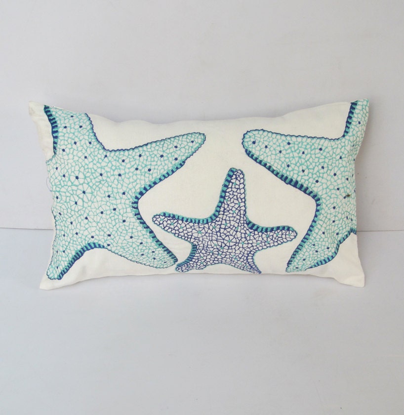 starfish pillow cover in aqua and cobalt 12X20 inch long pillow