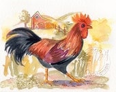 Rooster Leghorn Chicken Original Watercolor Painting Plus Custom Mat