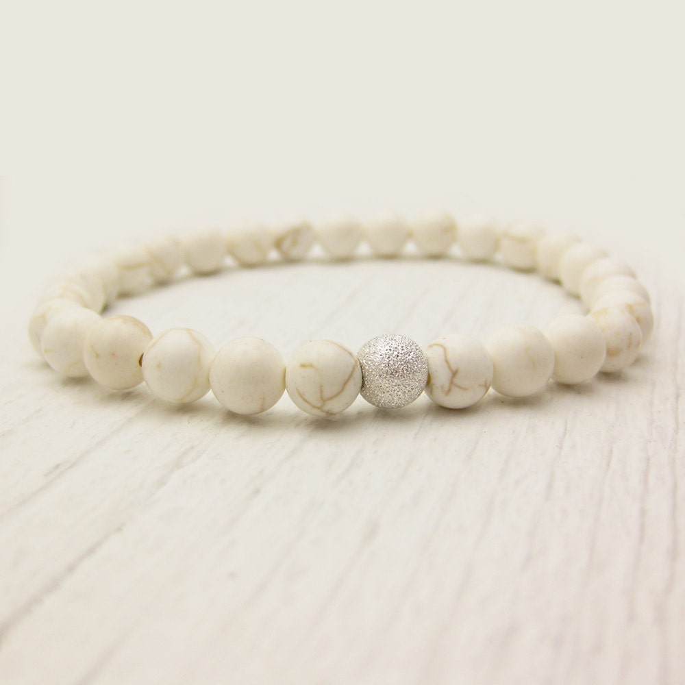 White Turquoise Bead Bracelet w/ Sterling Silver Stardust Bead / neutral cream ivory pale soft dreamy stones / bohemian stacking bracelet