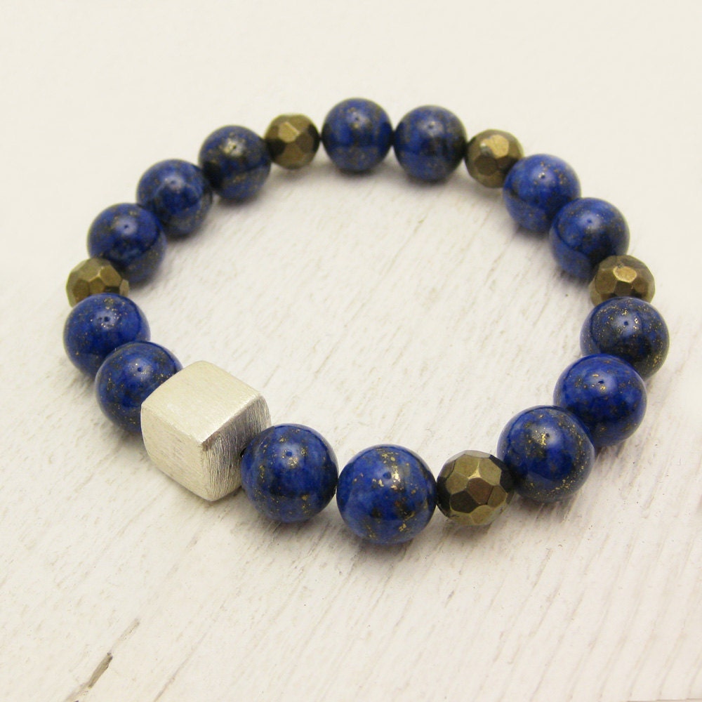 Lapis Lazuli Pyrite Bracelet "Dream of Stars in the Night Sky" / fools gold natural gemstones sterling silver / bohemian fall fashion