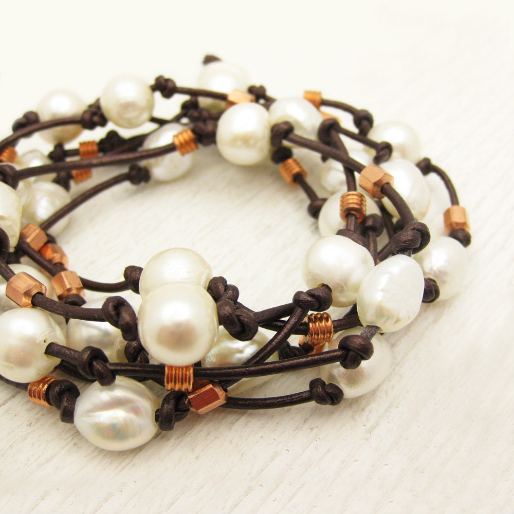 Pearl Copper Leather Wrap Bracelet Necklace / metallic maroon ivory cream white convertible eco friendly / ocean nautical sea fall inspired