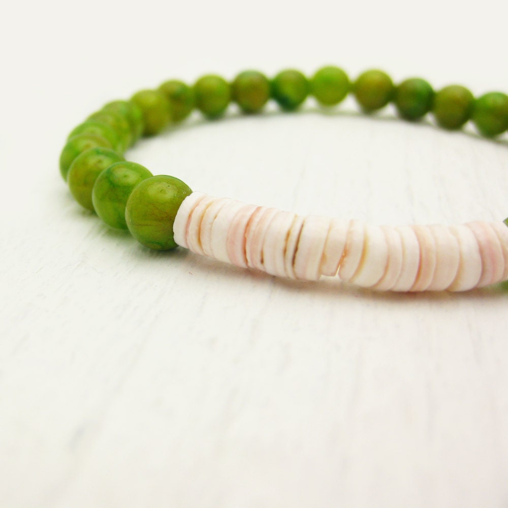 Green Jade W/ Heishi Shell Stacking  Bracelet / pink peach ivory avocado green lime chartreuse / tribal bohemian bright color block