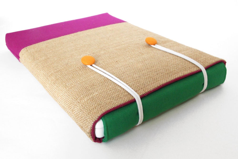 13" MacBook/MacBook Pro sleeve - SPECIAL RELEASE - Hessian, green & fuchsia canvas