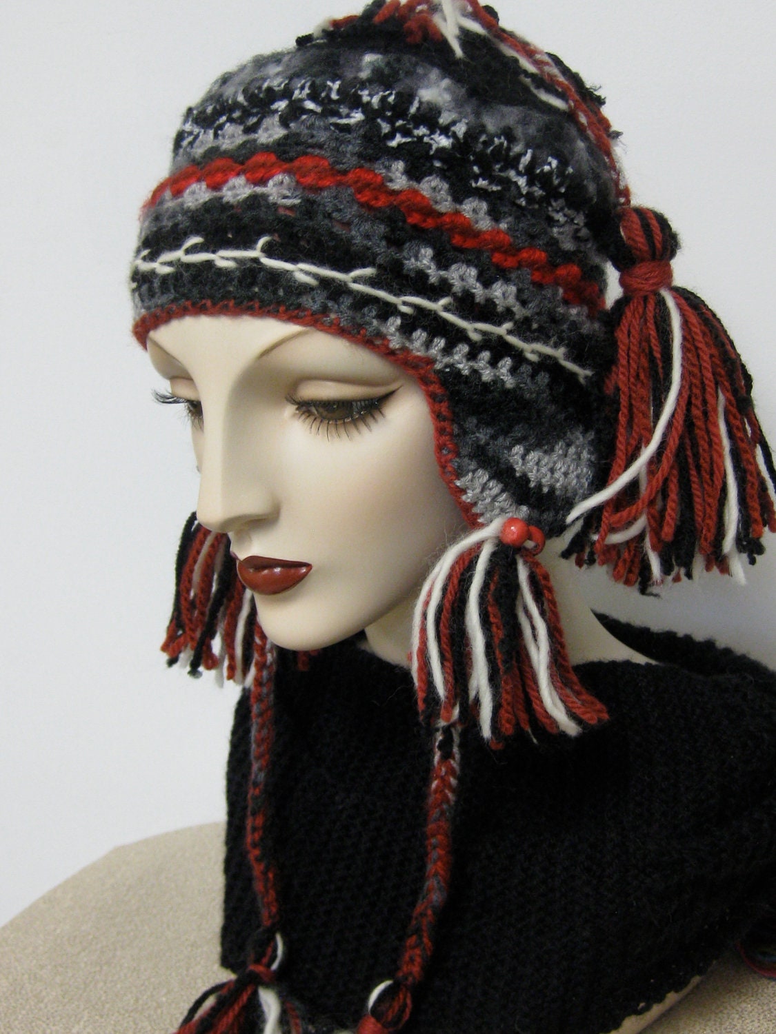 Peruvian Inspired Folk Art Hat/Black, Red, White