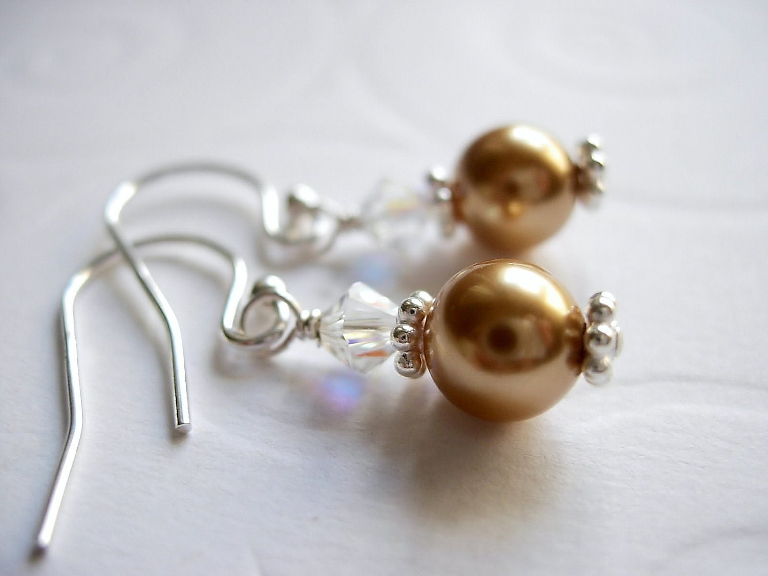 Swarovski Bright Gold Pearl, Clear Crystal, Sterling Silver Earrings, Bridesmaid, Everyday, Simple