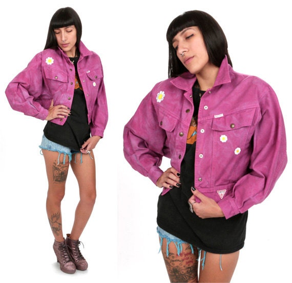 80's Pink Guess Denim Jacket With Daisy Patches M Guess Marciano Dyed Pink Denim Bomber Jacket