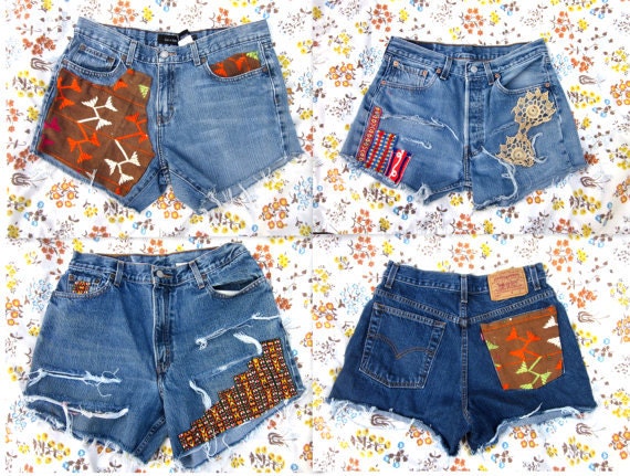 CUSTOM Native Tribal Vintage Trim Or Crochet Distressed Cut Off Denim Jean Shorts By MountainGirlClothing