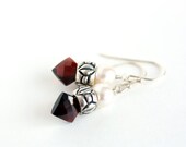 Drop earrings of pearls, garnets, and sterling