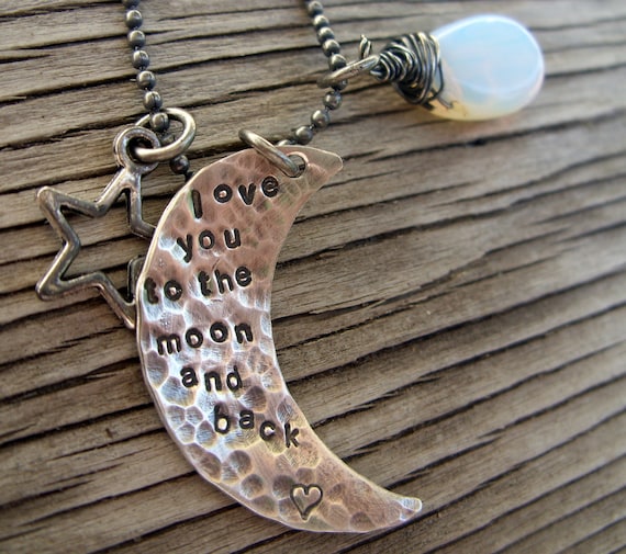 Hand stamped silver pendant- love you to the moon and back- sterling silver rustic pendant with star charm and rainbow moonstone drop