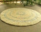 Crochet rag rug. Recycled / upcycled/ eco friendly. Cottage chic. Soft butter yellow & pastels. 32 inches round.
