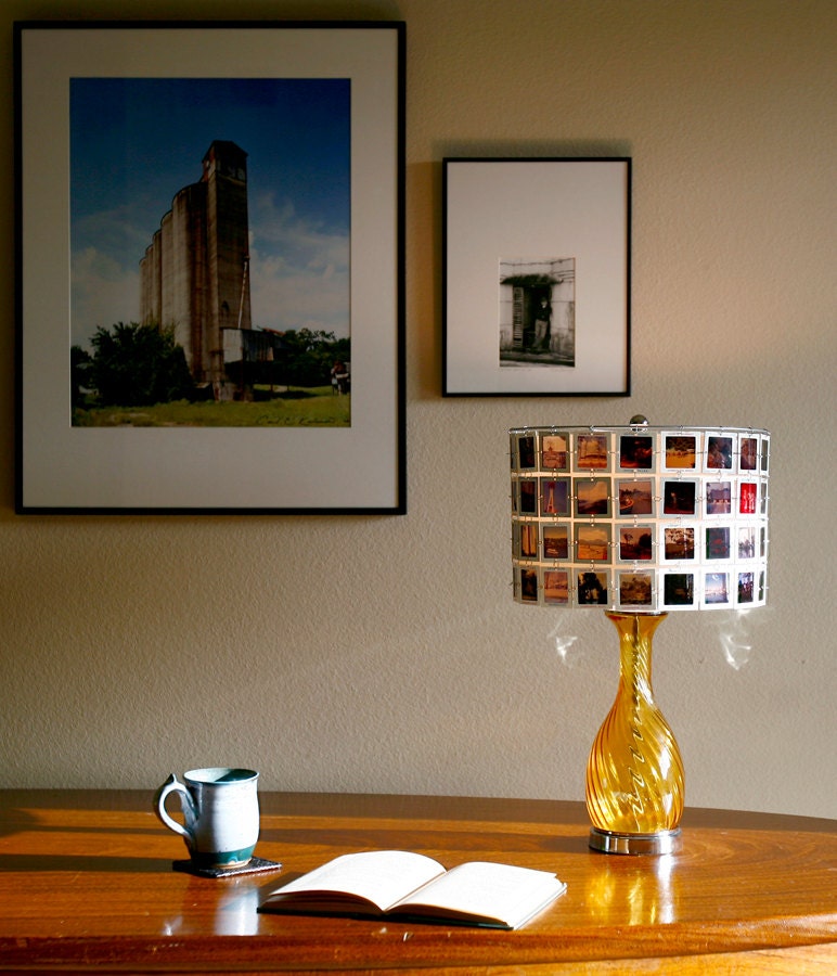 Lampshade made from vintage slides with amber glass base.