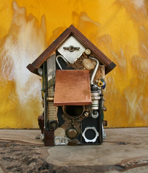 Mosaic Hanging Bird House With Copper Roof and  Reclaimed Materials for Body