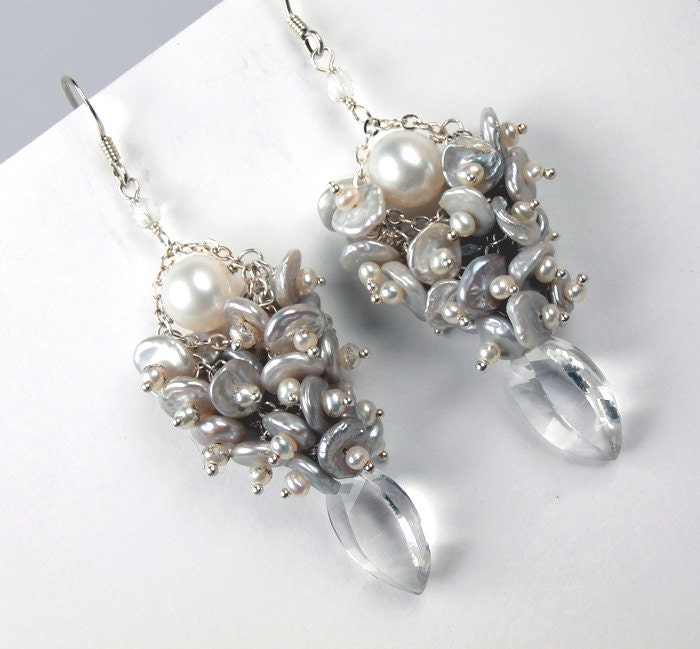 Rock Crystal Earrings Keishi Pearl Sterling Silver Cluster Wire Wrapped Bridal Wedding
