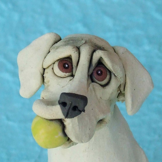 Labrador Retriever Dog Holding Tennis Ball Ceramic Sculpture