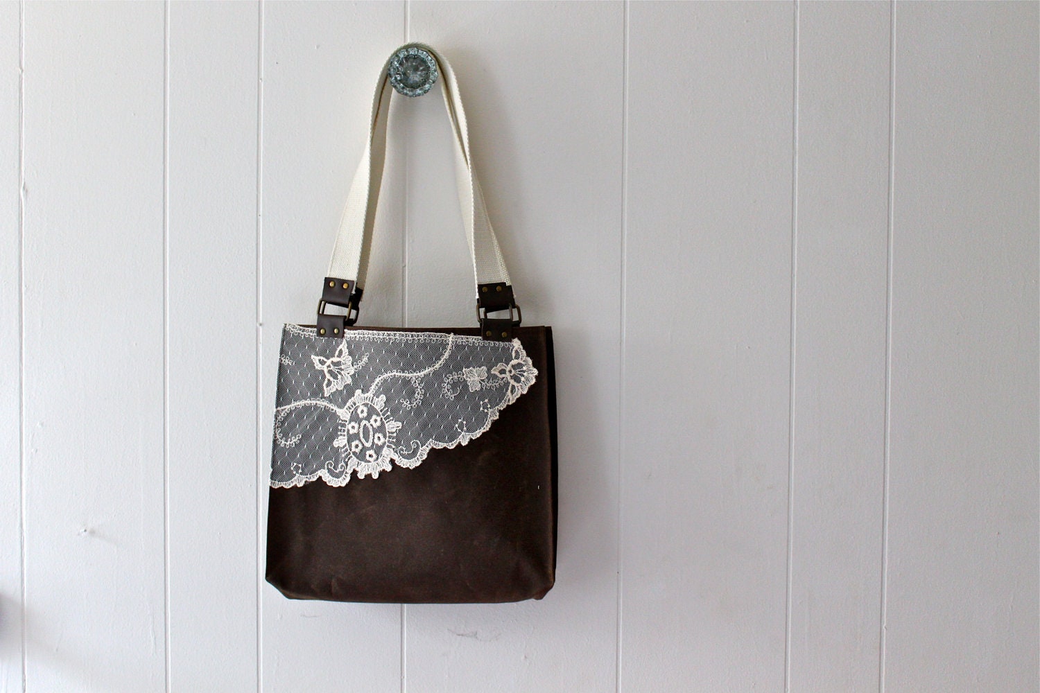 Waxed Canvas Tote Bag -Women's Shoulder Bag - Vintage Lace - Chestnut Brown