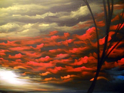 ORIGINAL large abstract painting tree landscape bird rainbow cloud 48 x 24