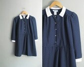 vintage '70s NAVY blue & white POLKA DOT long sleeve shirt dress. size l.