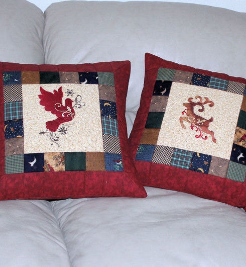 Christmas Throw Pillows Machine Embroidered  - Reindeer and Dove Quilted