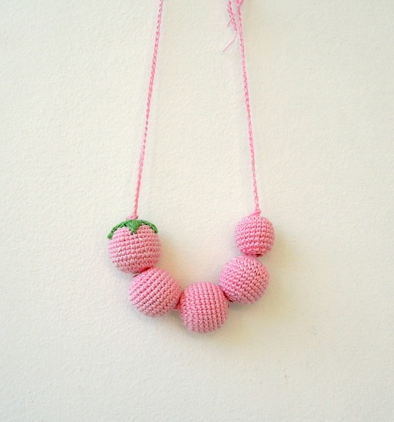 Pink Crochet Necklace - Amigurumi Strawberry Baby or Childrens Necklace  - Cotton Crochet Jewelry - Eco Friendly