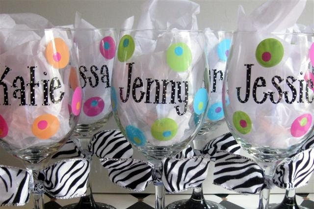 Bridesmaid Wine Glasses Personalized Set/6 Dotty Design