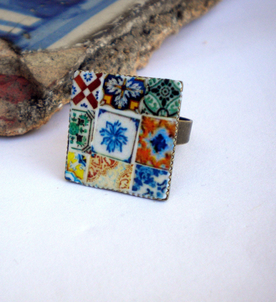 Portugal Antique Tile Replica COLLAGE Ring  (see photo of actual mural)
