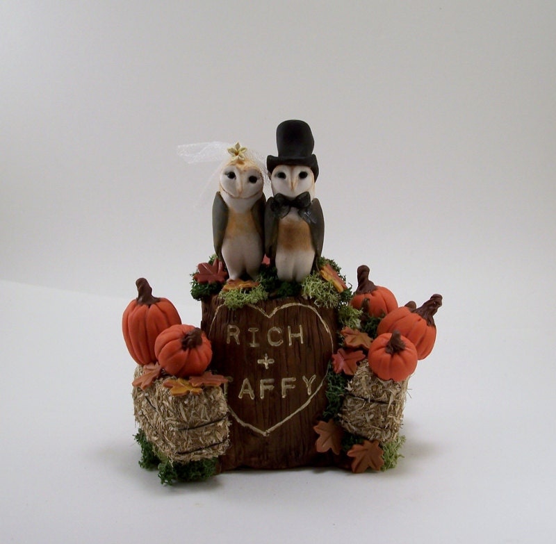 Small Wedding Cake Topper Sculpture Tree Stump Example  - Barn owls and Hay Bales - Rich and Taffy