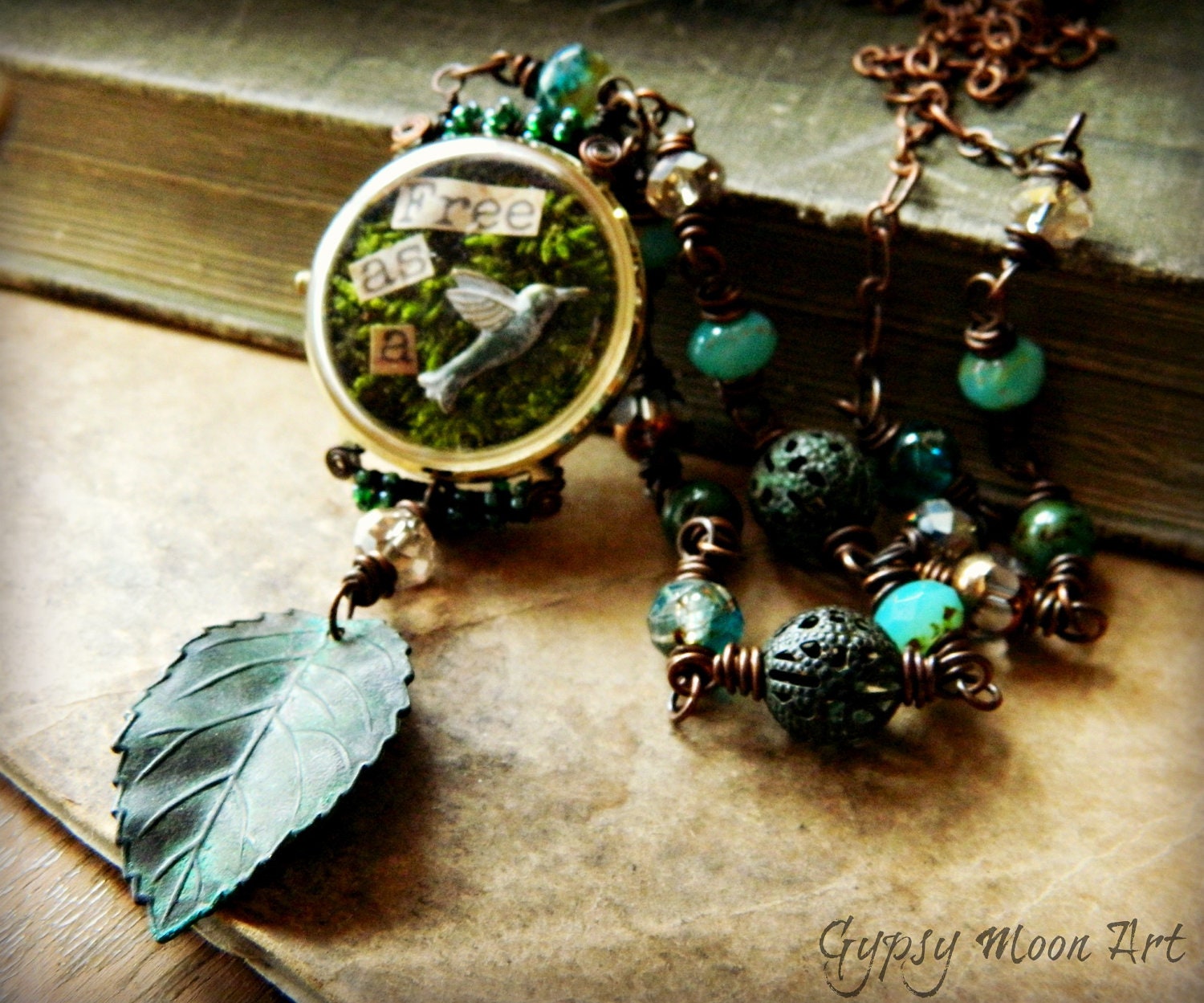 Vintage Watch Bird Collage Necklace. FREE AS A BIRD Copper Wire Wrapped Necklace with Moss Collage