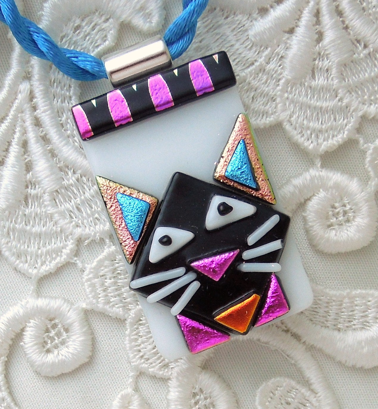 Cat Pendant, Fused Dichroic Glass Jewelry, Kitty Necklace, Fused Glass Pendant, Cat Jewelry X5625