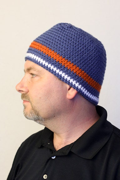Going Out of Business SALE Mens Beanie Winter Sports Hat - Blue Orange and White Striped - XL to Large Hat Men or Women