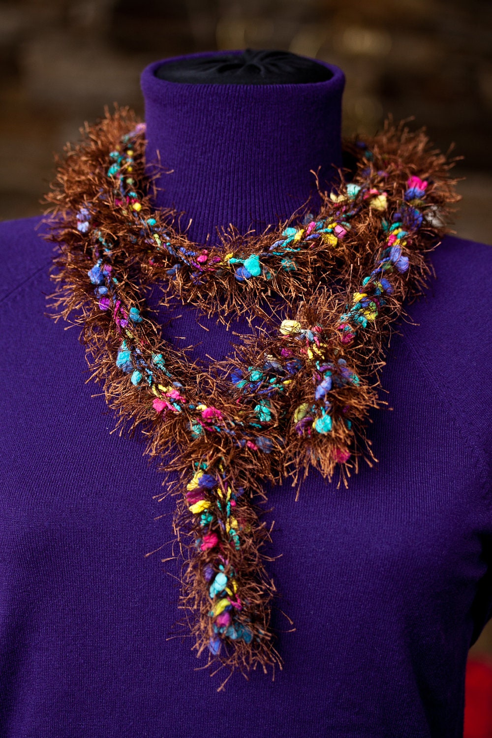 Knitted Long Scarf Neck Warmer Chocolate Sprinkles (Hand Knit Fun Fur)