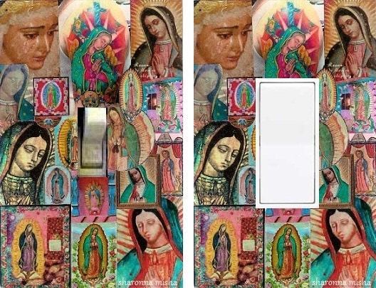 Original Our Lady of GUADALUPE handmade Light Switch Plate - tattoo / blue - decoupage macbre art