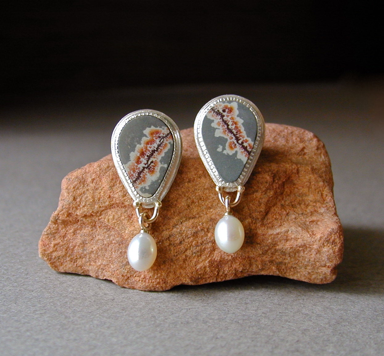 Fall Jewelry, Sterling Silver Earrings, Sonoran Dendritic Ryolite, Pearl Drops, 14kt Gold Posts, Handmade Earrings