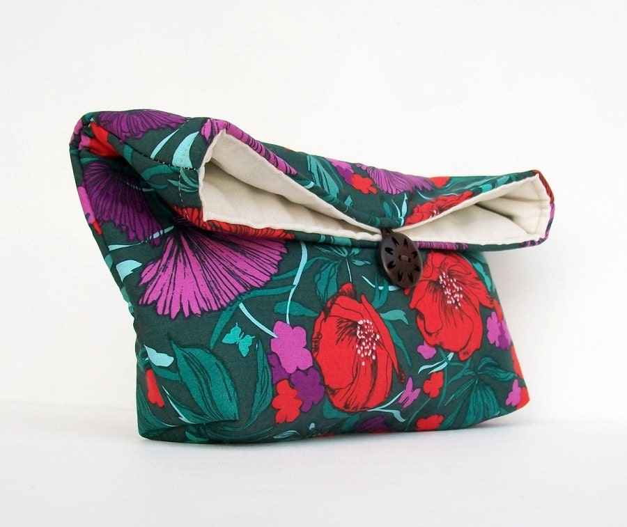 Handmade Makeup Bag, Bridesmaid Gift, Red and Purple Flowers on Teal Clutch Purse, Great for Travel, Gift Under 25, Bridesmaid Clutch