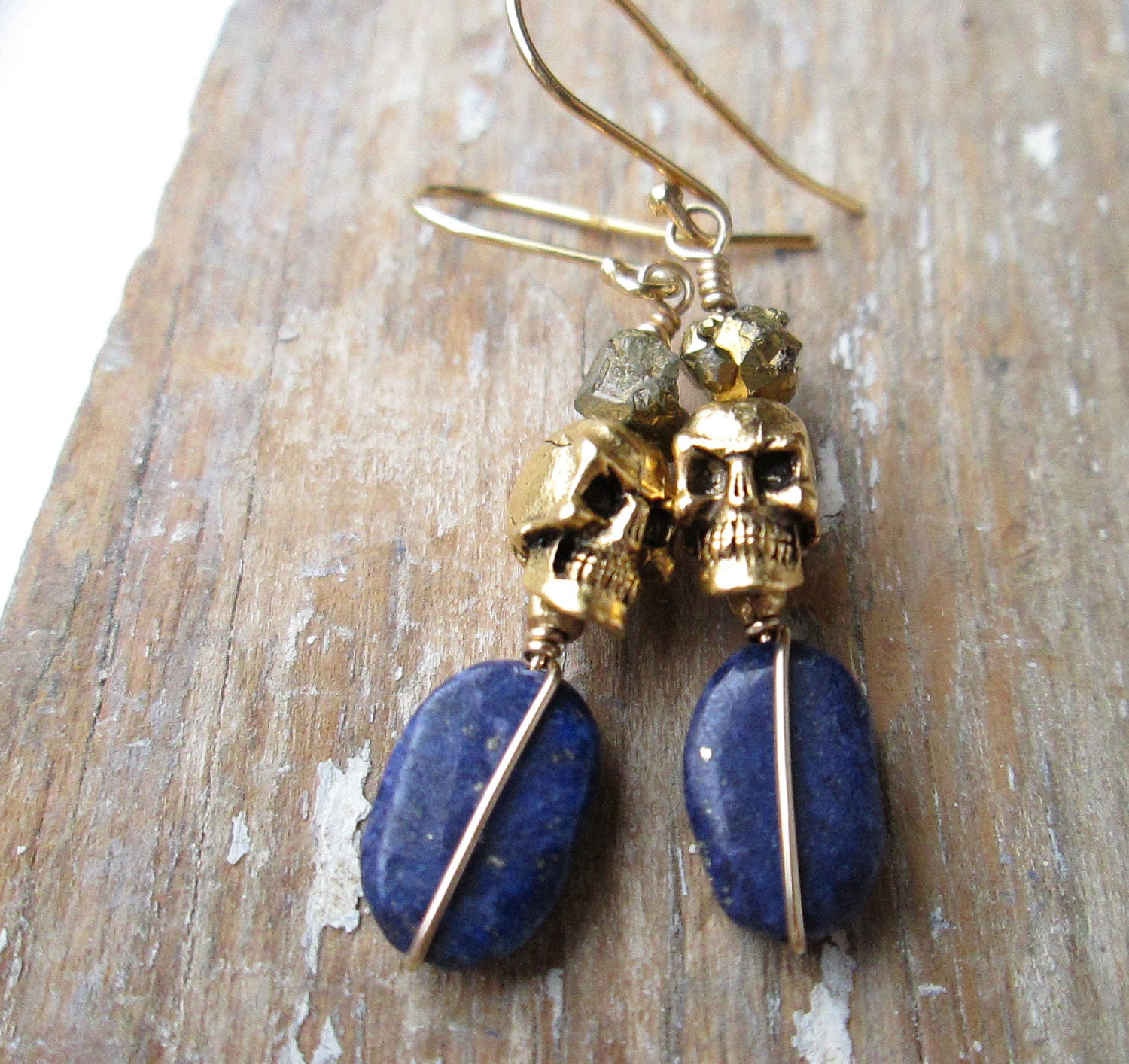 Skull and Lapis Earrings. 14K gold fill.