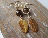 Tiger Eye Leaf Dangles. 14K Gold Fill.