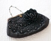 Black beaded purse with flower, upcycled formal vintage framed handbag with wrist chain