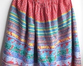 Vintage Eighties Flower and Striped Cotton Large Skirt/ Vintage Handmade Spring Skirt