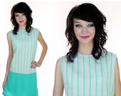 Mod Shift Dress Pastel Stripes Seafoam Green Pink 60s 70s MOD Mini 1960s A-Line Colorblocked Retro Indie Day Dress Small S Medium M