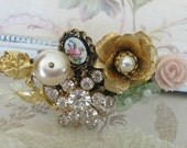 Assemblage Cluster Cuff Bracelet OOAK Vintage Jewelry Flower Collage Bracelet FLORAL TRINKETS