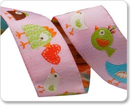 Light Pink Happy Happi Birds Jacquard Ribbon by Dena Designs 7/8 inch width - 1 yard