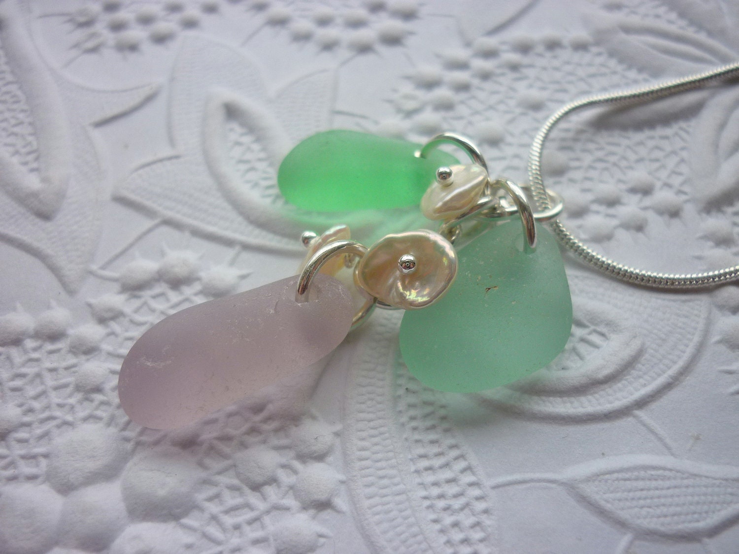 Aqua Sea Glass Necklace -  Seaglass Pendant in Purple Beach Glass