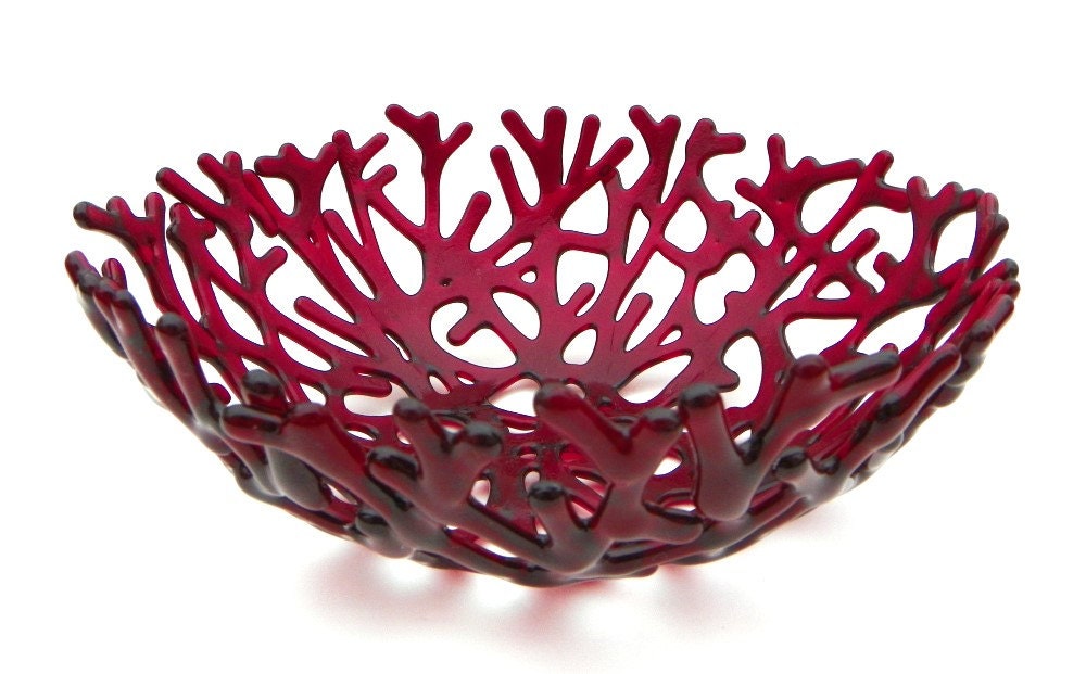 Ruby Red Coral Bowl - Medium Art Glass Bowl Beachy Decor