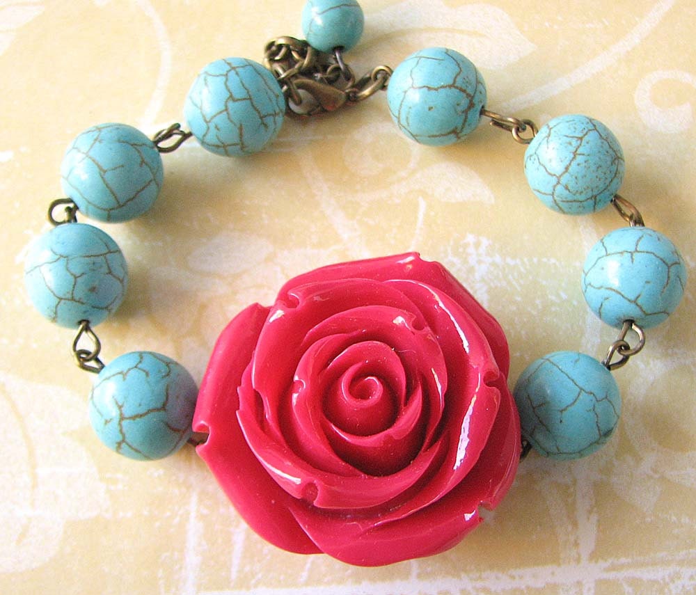 Flower Bracelet Turquoise Jewelry Red Bracelet Rose Jewelry Stone Bracelet