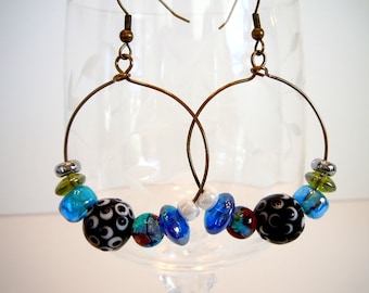 Wire Wrapped Earrings in Blue by Debbie Renee, Hoop Earrings With Glass Beads