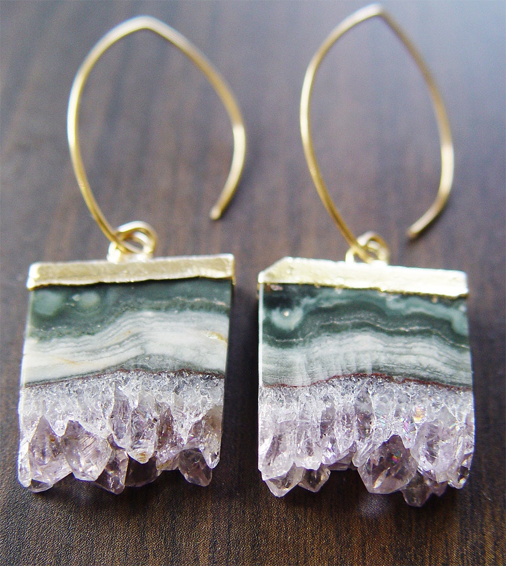 Amethyst Stalactite Druzy Earrings 14k Gold